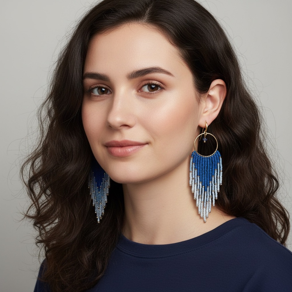 Elegant Ombre Blue Beaded Earrings - Picture 15 of 15
